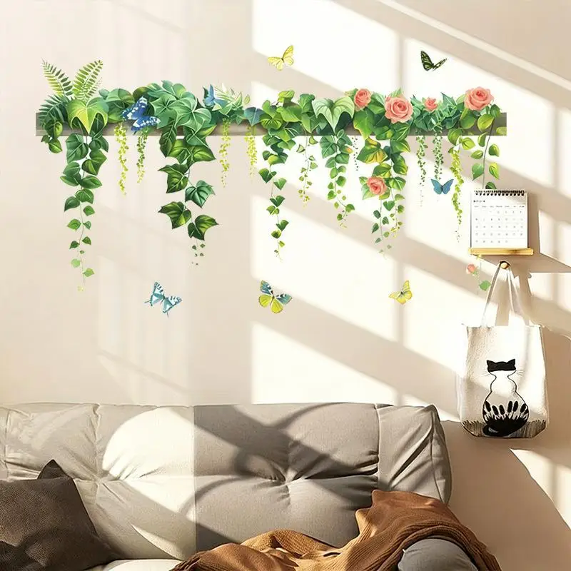 Green Vine Wall Decals With Pink Roses Butterfly Removable Self Adhesive For Bedroom Living Room Decor