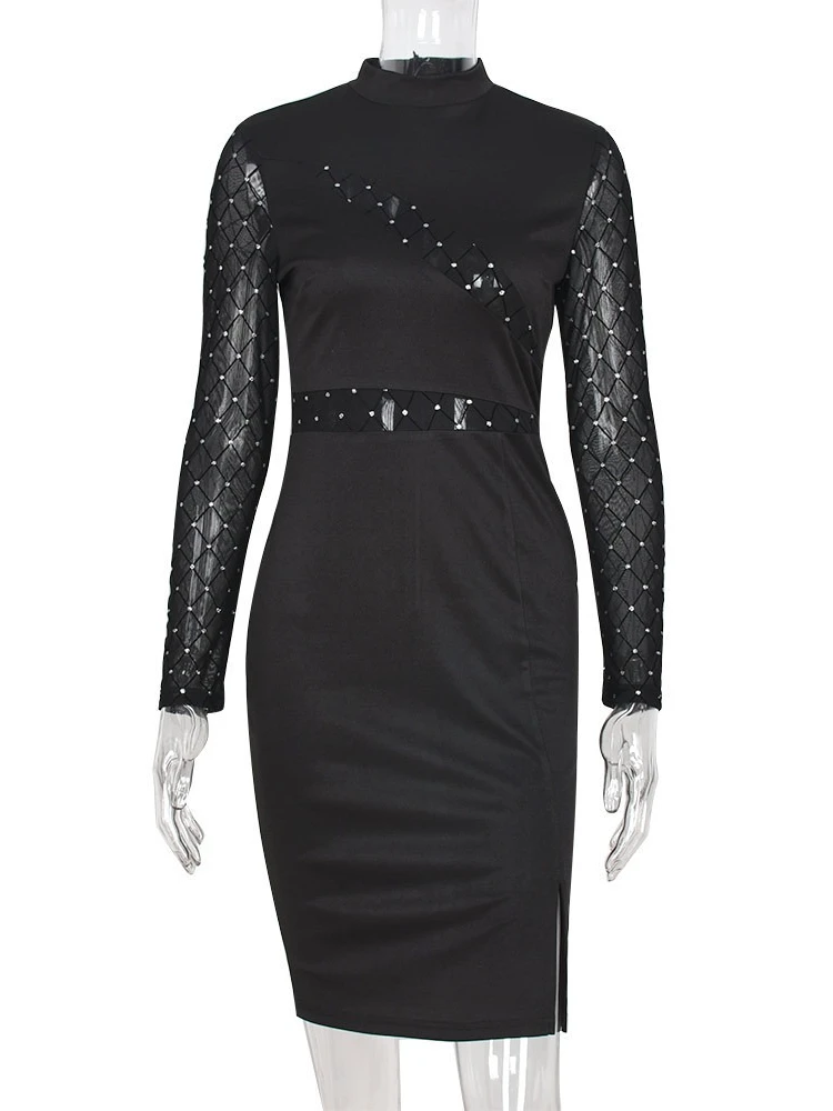 SsTss Women's Patchwork Mesh Hollow Out Mini Dress Sexy Black Stand Collar Long Sleeve Slim Fit Split Knee Length Bodycon Dress