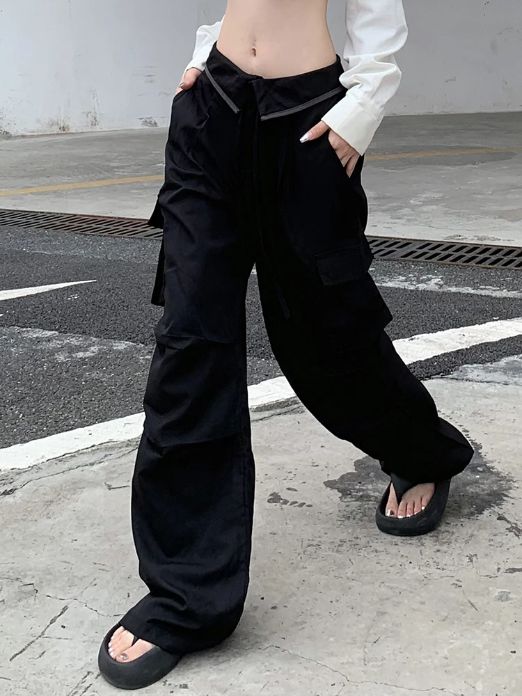 

Rockmore Cargo Style Parachute Pants Chic Low Waist Harajuku Pockets Baggy Wide Leg Trouser y2k Streetwear Casual Women Joggers