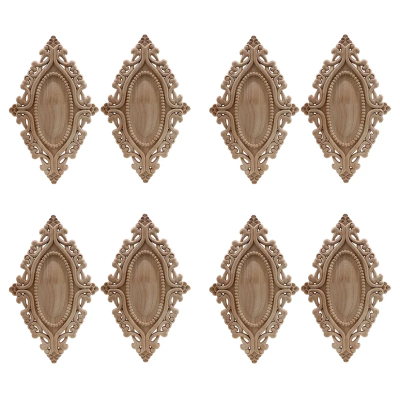 

8X Unpainted European Clear Wood-Carved Applique Onlay Picture Frame Discs Decor Wooden For Wedding Door Home 25 X 15Cm