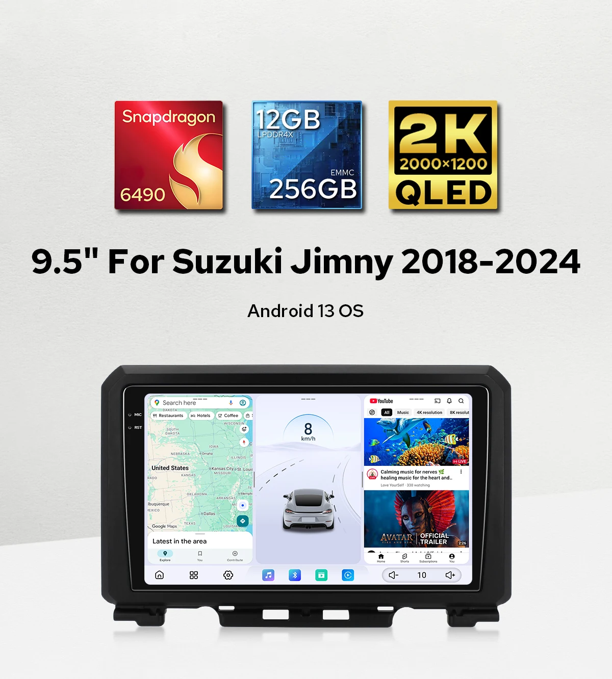 

Wireless CarPlay/Android Auto 9.5"2K QLED Car Radio Stereo for Suzuki Jimny 2018-202412+256GB 360°Camera Port Type-C Plug&Play