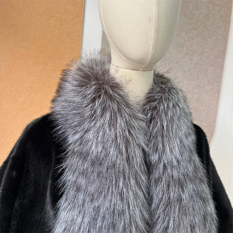 New  Winter Fake Mink Fur Shawl Coat With Fake Silver Fox Fur Collar Thick Warm Women\'s Fashion Luxury Female Jacket Cape