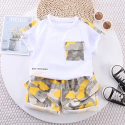 2PCS baby set children's summer fashion camouflage printed patchwork sleeves short sleeved shorts set