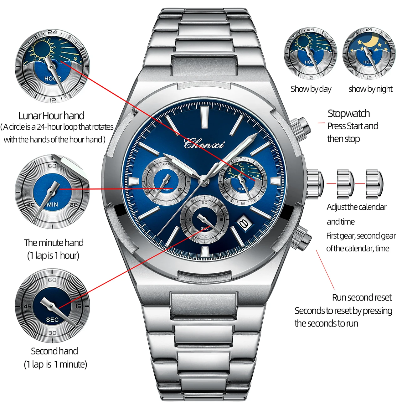 Mens Luxury Watch High Quality Calendar Moon Phase Chronograph Waterproof Stainless Steel Quartz Wrist Watches Gifts For Men