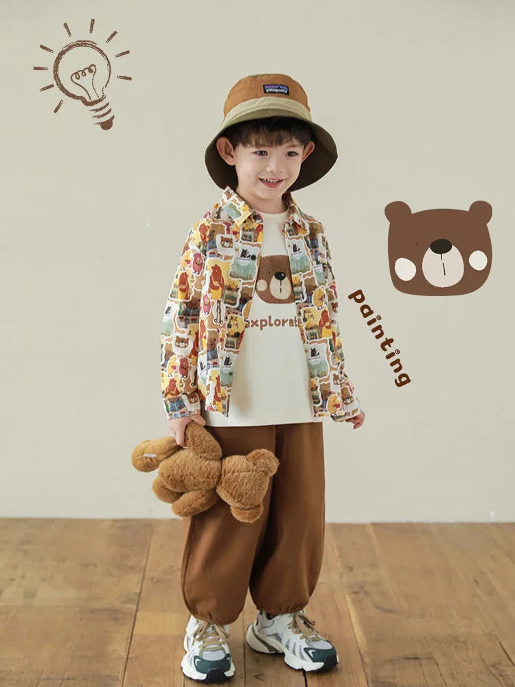 Boys 2024 New Color Block Bear Long Sleeve Shirt Versatile T-shirt Loose Fashion Trendy Pants Set