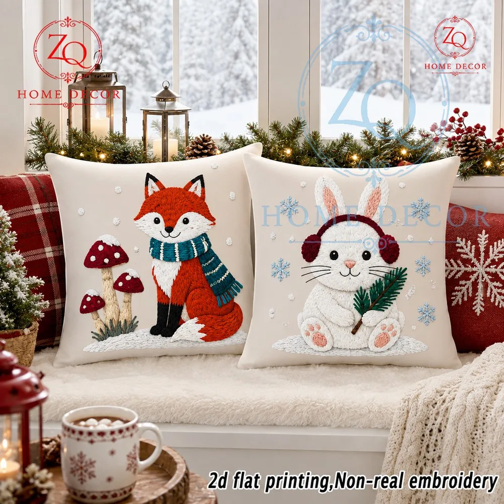 These winterthemed Christmas pillowcases feure a red fox  white rabbit design paired with a retro est snow scene creing