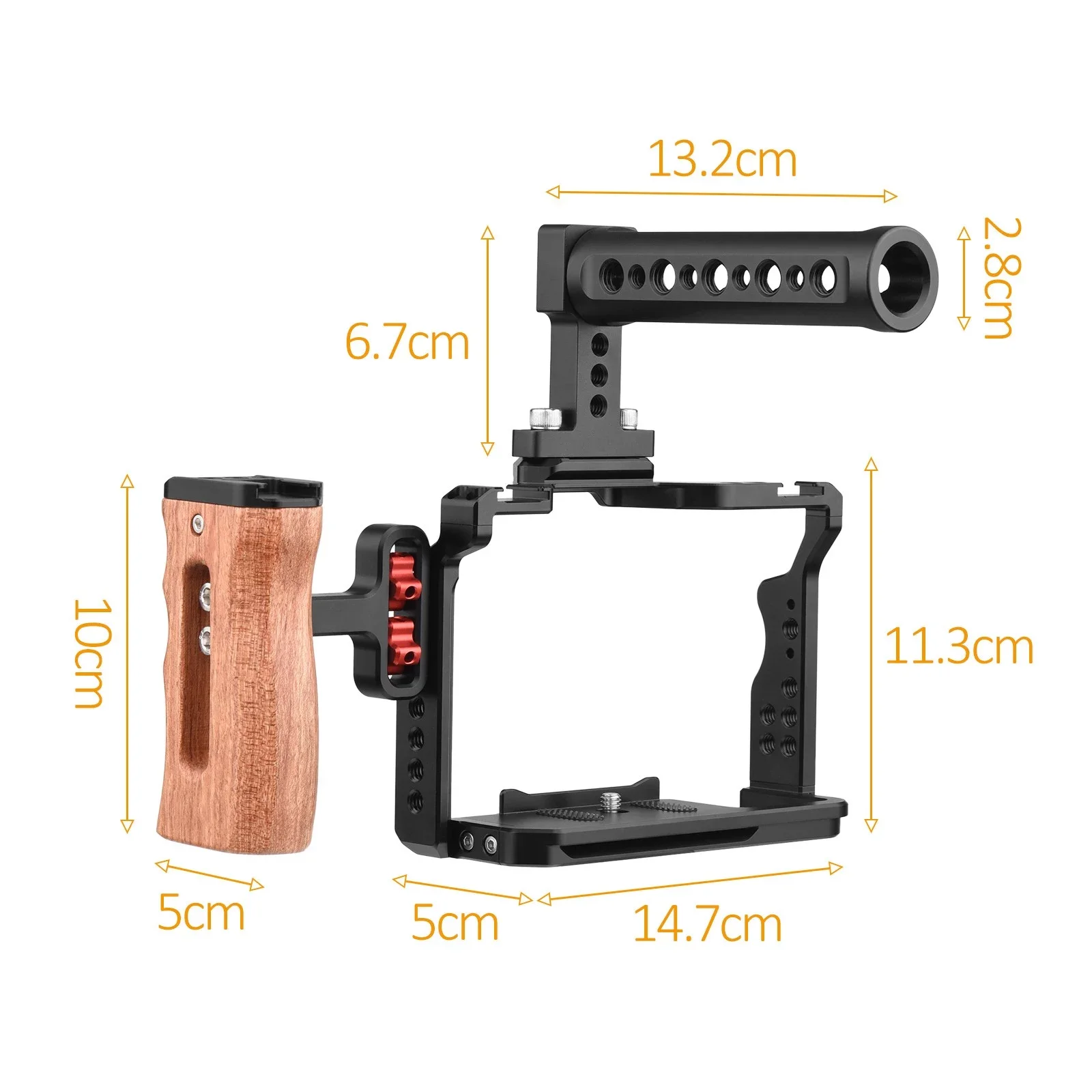 Camera Video Cage + Top Handle + Side Wooden Grip Kit Aluminum Alloy with Dual Cold Shoe Mounts for Sony A7IV/ A7III/ A7II/ A7R