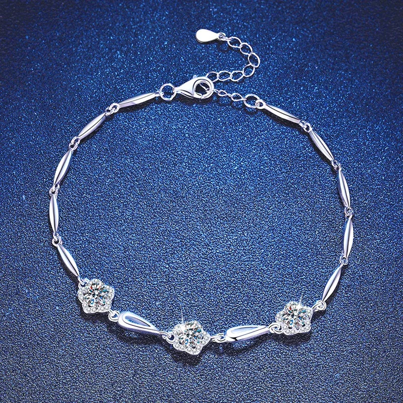 

S925 Sterling Silver Korean Style Moissanite Bracelet 1.5ct D Color Adjustable Chain Minimalist Jewelry for Women