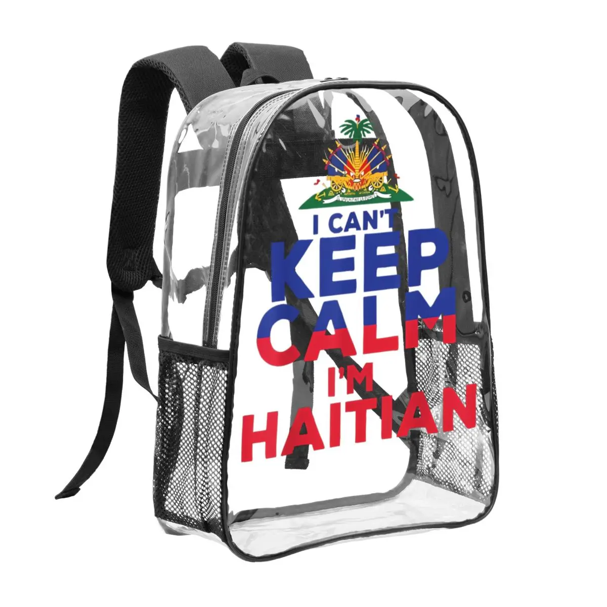 

"I Can't Keep Calm I'm Haitian" Print Patriotic Haitian Flag Design 16in PVC Clear Shcool Bag Durable See-Through Backpack