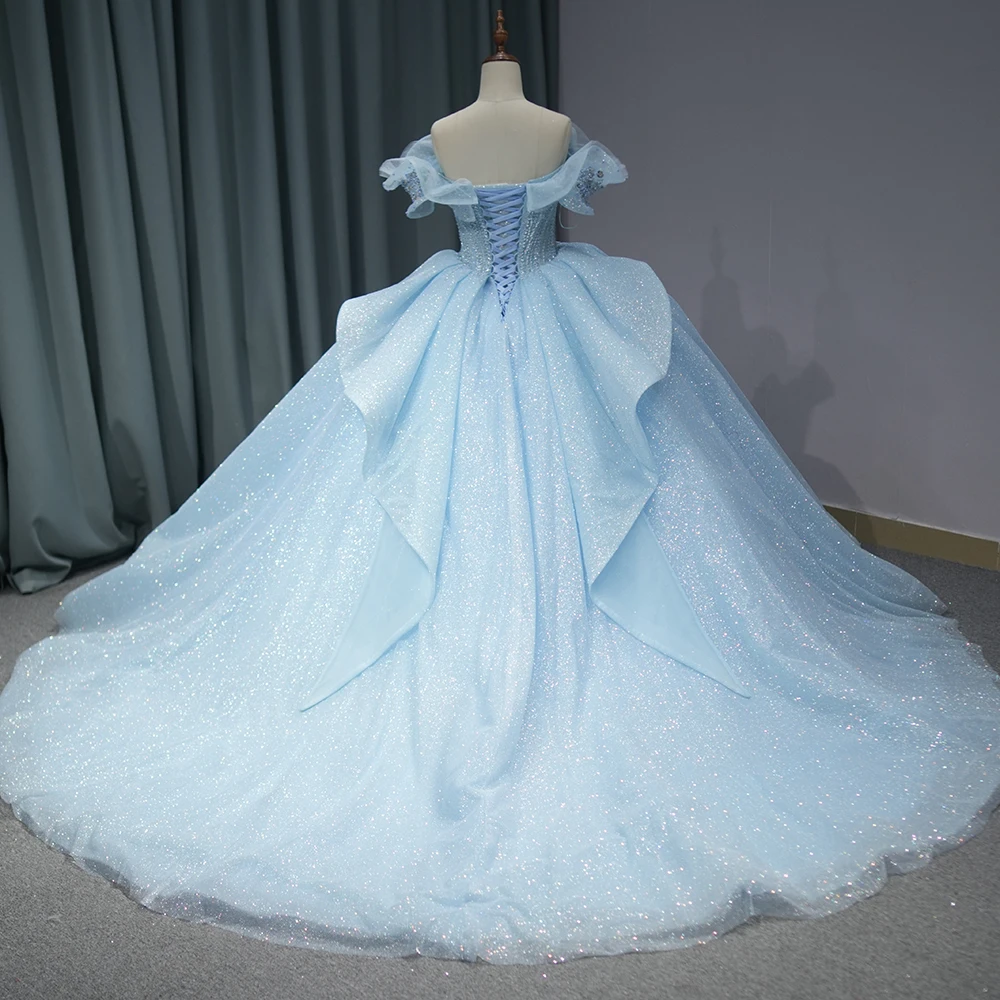 Vestidos de quinceañera azul claro para niñas, vestido de baile de tul con cuentas de encaje y escote en forma de corazón, fiesta de cumpleaños, dulce 16, vestidos de 15 años