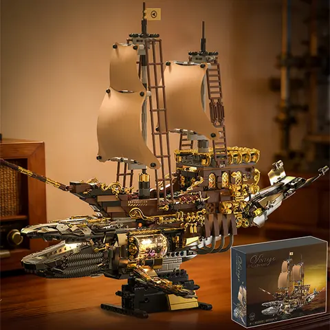 Creative Vintage Steam Sailboat Mechanical Whale Ship Building Blocks Retro Steamboat With Lights Bricks Decoration Toy Kid Gift