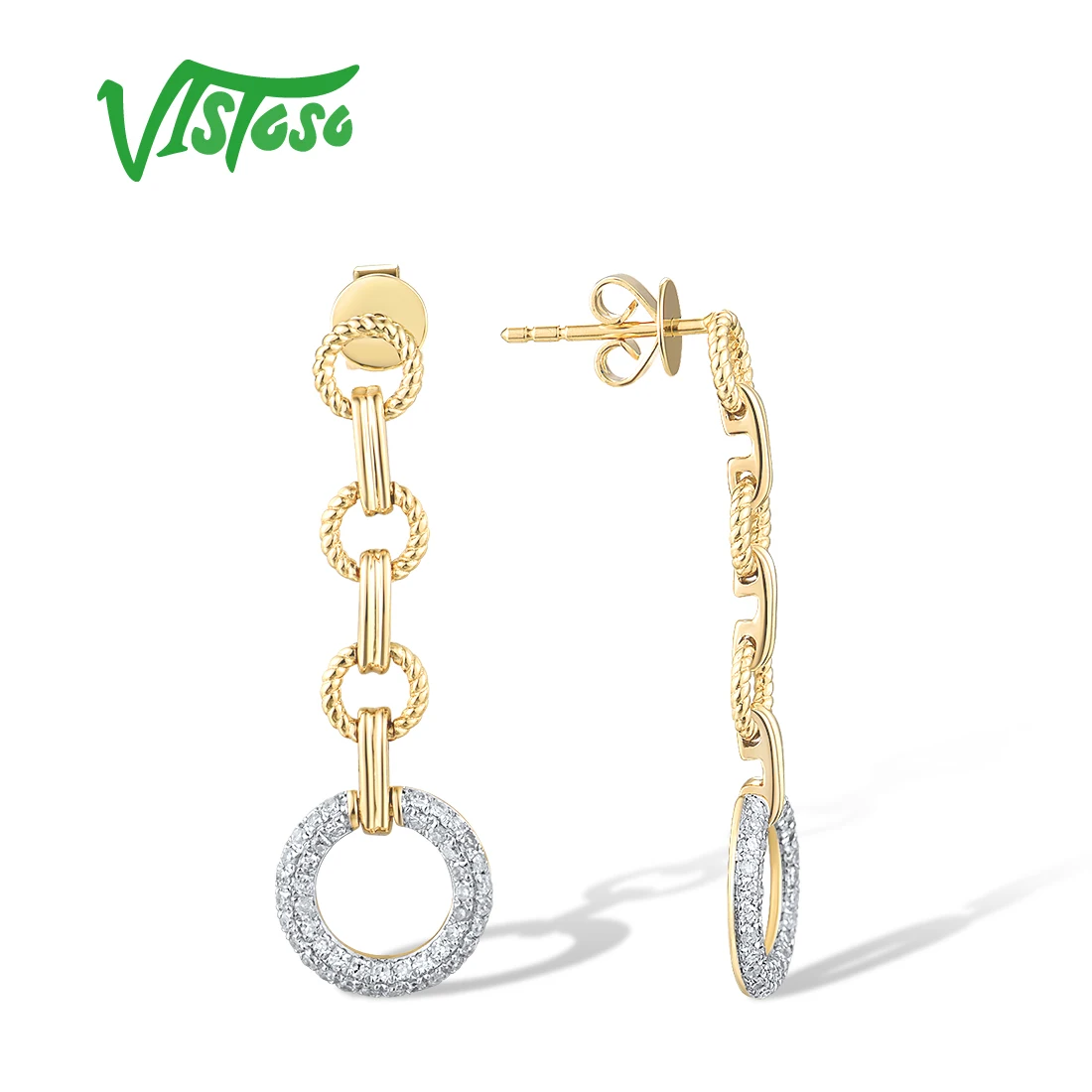 VISTOSO Pure 14K 585 Yellow Gold Drop Earrings For Women Sparkling Diamond Circle Links Wedding Engagement Delicate Fine Jewelry