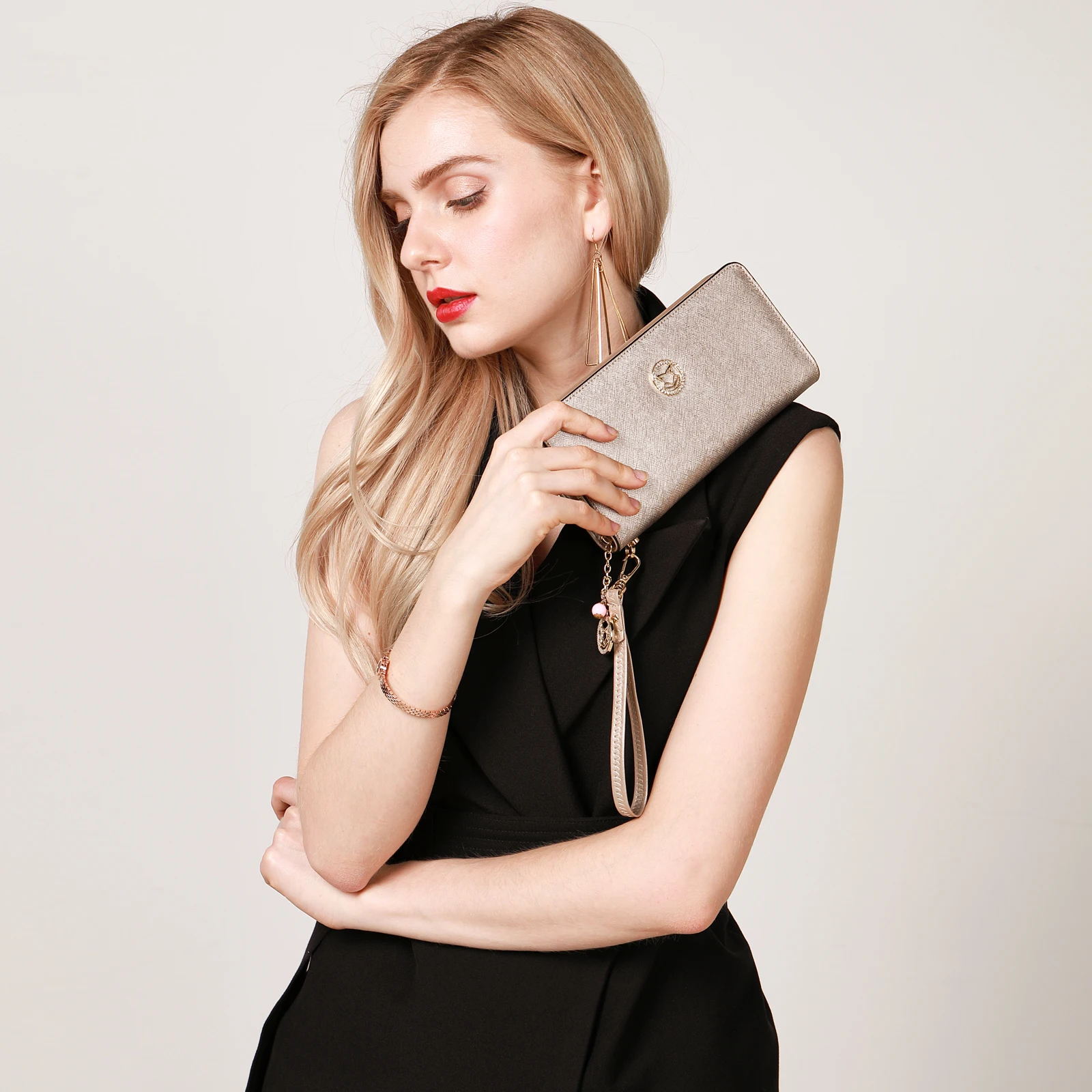 FOXER Leather Women Long Wallet Elegant Wristlet Clutch Purse Cowhide Leather Female Card Holder Large Capacity Phone Wallet
