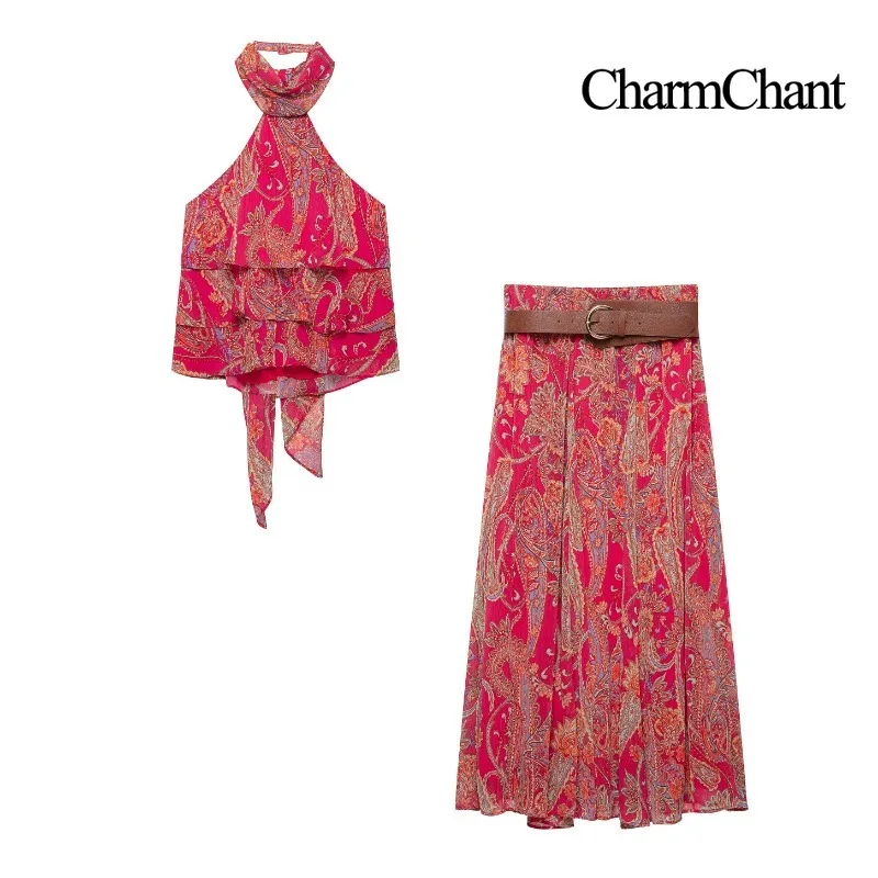 Conjunto de 2 Piezas CHARMCHANT para Mujer, Top sin Mangas con Cuello Halter y Estampado Paisley, Falda Midi, Estilo Vintage Boho para Vacaciones de Verano 2026