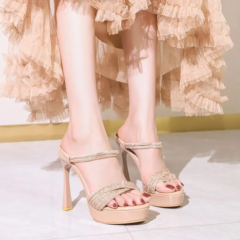 Nude Open-toe Rhinestone Slip-on Sandals with Waterproof Platform, Women's 2026 New Fairy-style Thin High-heel Sandals