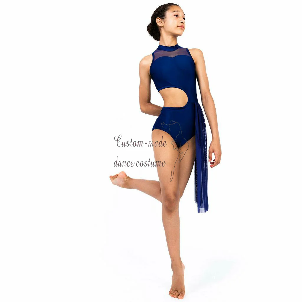 Women mesh and lycra fabric splicing dance unitard girls jazz costume for performance