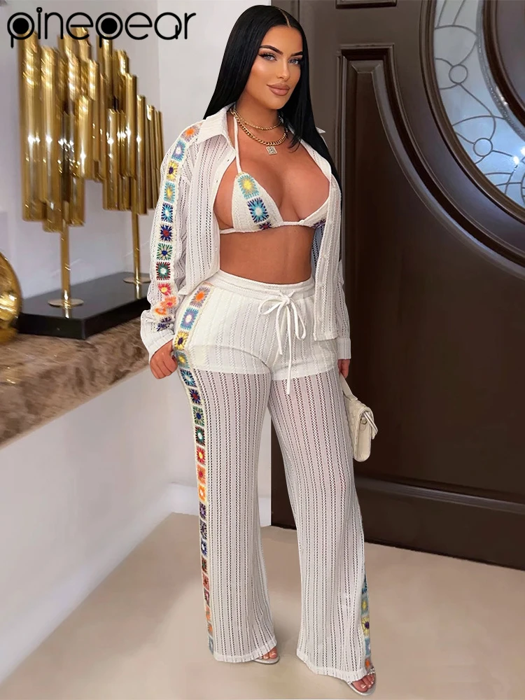 

PinePear Sexy See Through Women Long Sleeve Knitted Cardigans Pants Suit 3 Piece Set Bathing Suit Beach Vacation Female Summer
