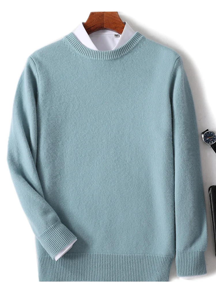 New Autumn Winter Men's O-Neck Pullover Knitted Sweater 100% Merino Wool Thick Solid Business Soft Warm Basic Clothing Tops