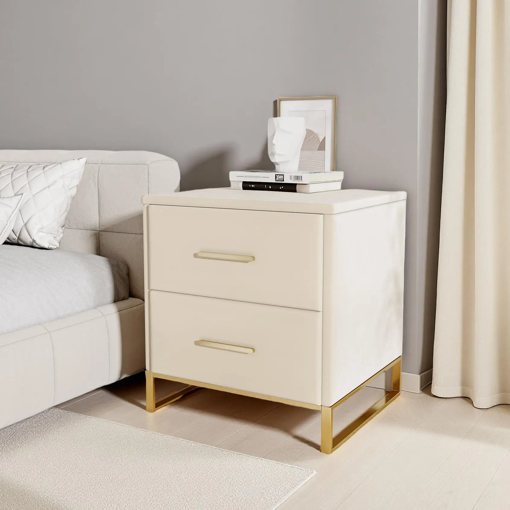 Fangang Table de chevet 2 pièces, table d'appoint avec tiroir de rangement et poignée, pour chambre à coucher, salon, blanc, velours