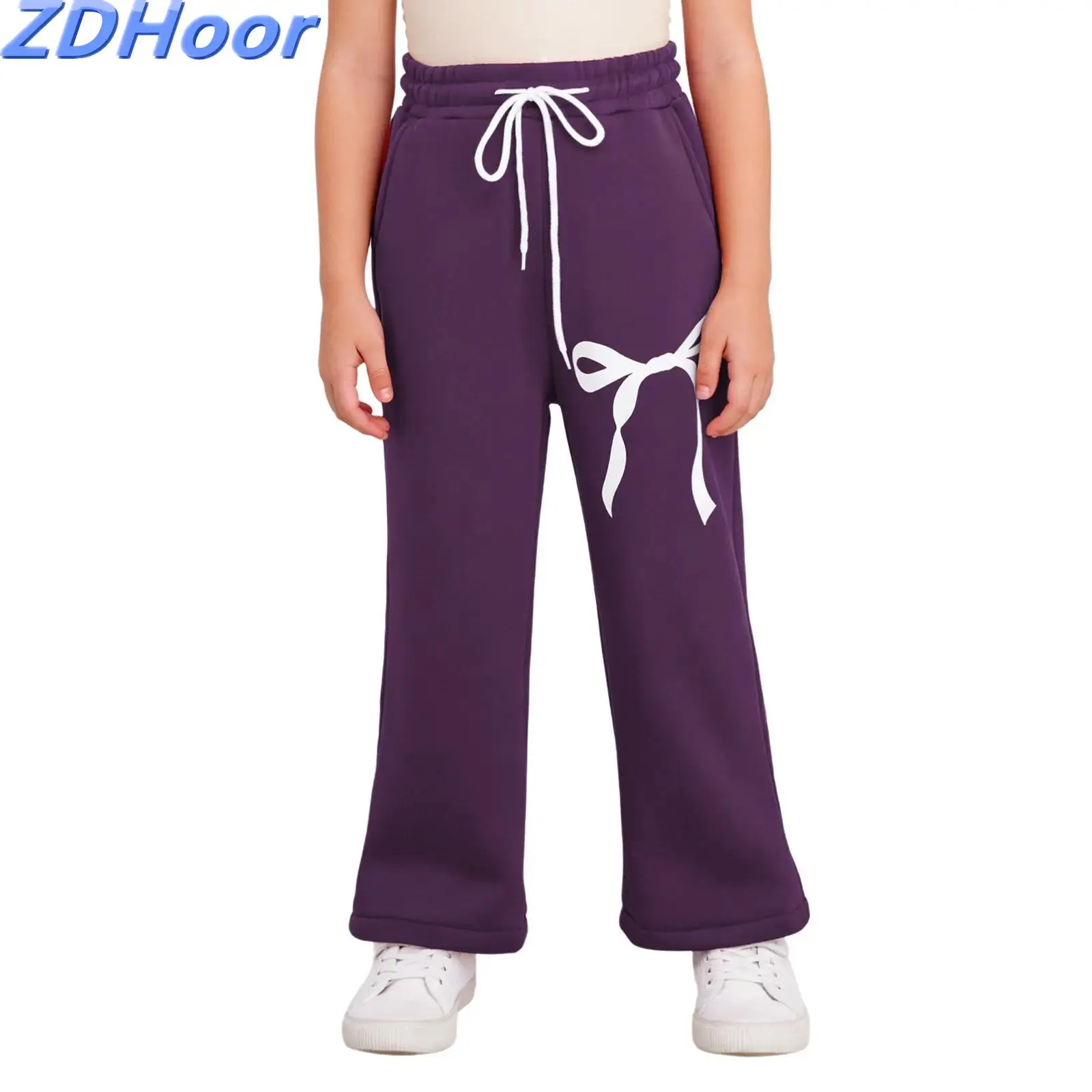 

Kids Girls Cute Bowknot Print Dance Pants Drawstring Elastic Waistband Straight-Leg Sweatpants with Pockets