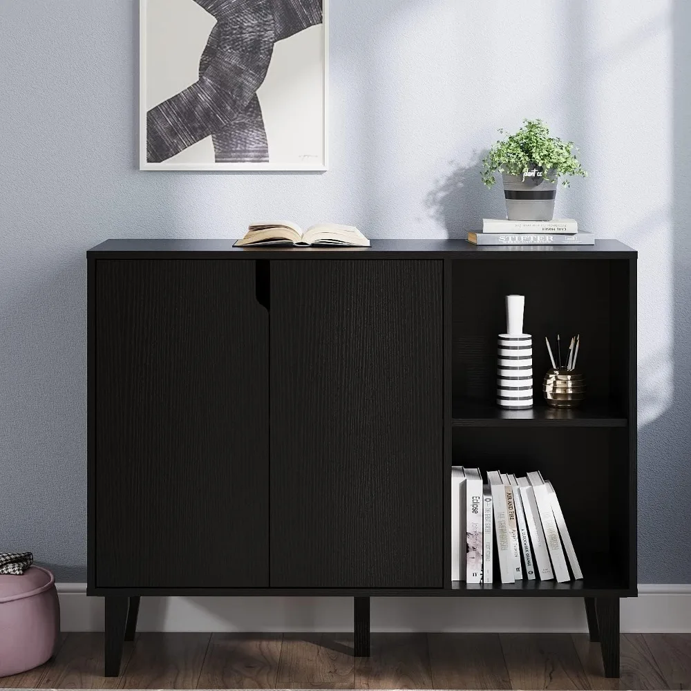 Accent Sideboard Buffet Serving Cabinet, 2 Portas e Prateleiras, Armário de Armazenamento, Branco Coffee Bar Cabinet, 58, 81 Polegada, Preto