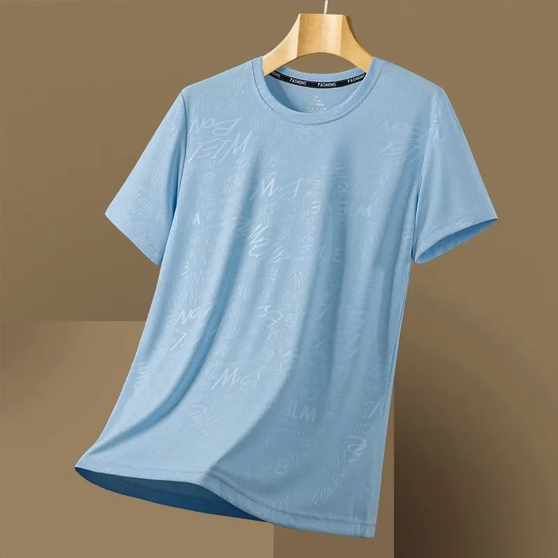Light Blue Letter Print Round Neck Casual Men's T-Shirt Breathable Daily Wear Summer Style