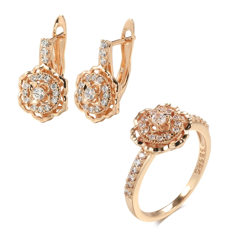 

Wbmqda Vintage Crystal Flower Earrings Ring For Women 585 Rose Gold Shiny Natural Zircon Full Paved Bride Wedding Jewelry Sets