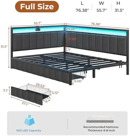 Corner Full Bed Frame with 2 Storage Drawers and Charging Station Full Size Platform Bed Frame with Led Lights and