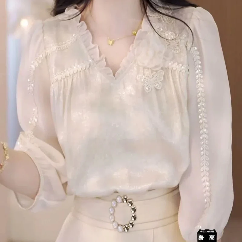 Spring Summer New Fashion V-neck Three Quarter Blouse Women High Street Casual Patchwork Edible Tree Fungus All-match Pullovers