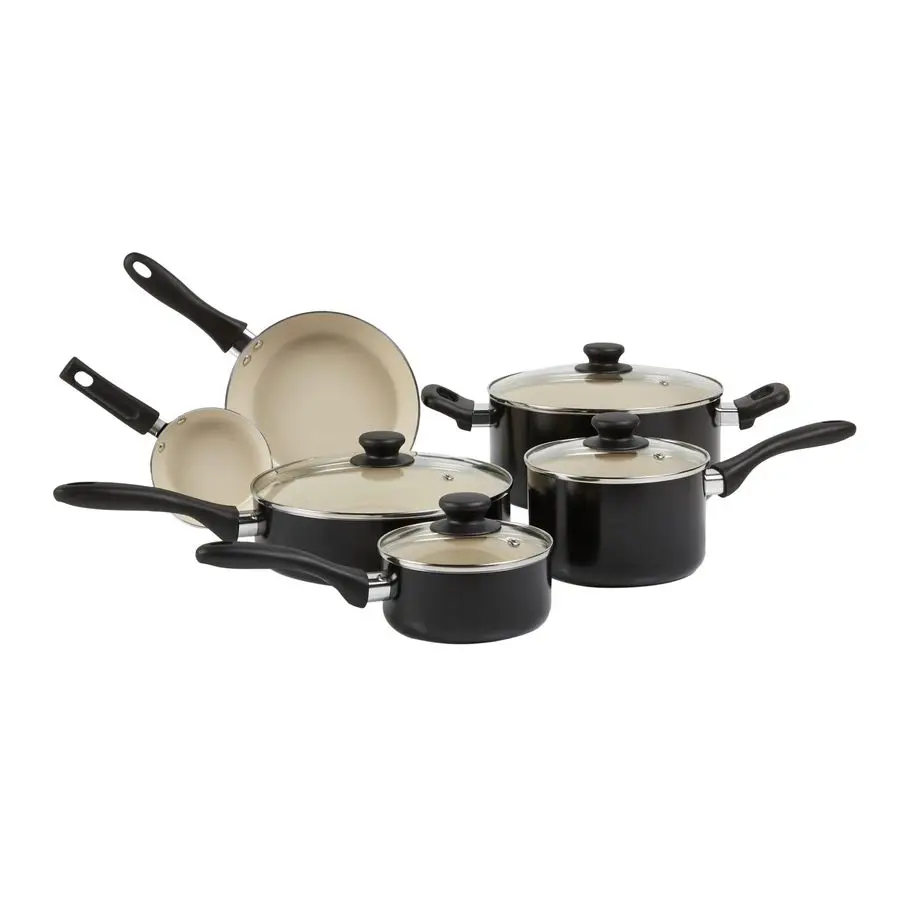 

11Piece Ceramic NonStick Pots and Pans Set, Dishwasher amp Oven Safe, Easy Clean, Glass Lids, Black Cream