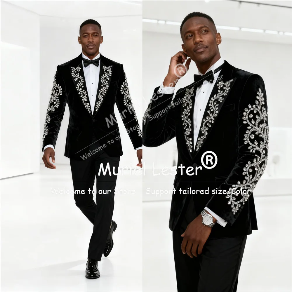 

Sparkling Beaded Stones Suit Attire For Men 2 Piece Sets Black Velvet Prom Blazer Ropa Hombre Customized Groom Wedding Tuxedos