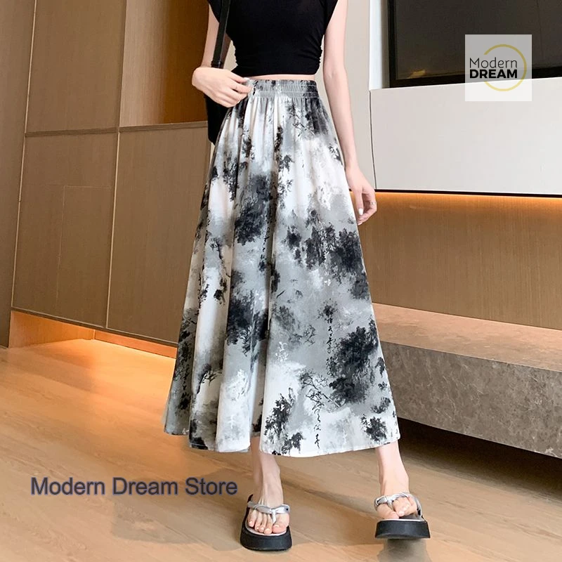 National Style Retro Ink Painting Printed Wide-leg Pants Women's Summer Thin High Waist Slim Sunproof Ice Silk Skirt Pants