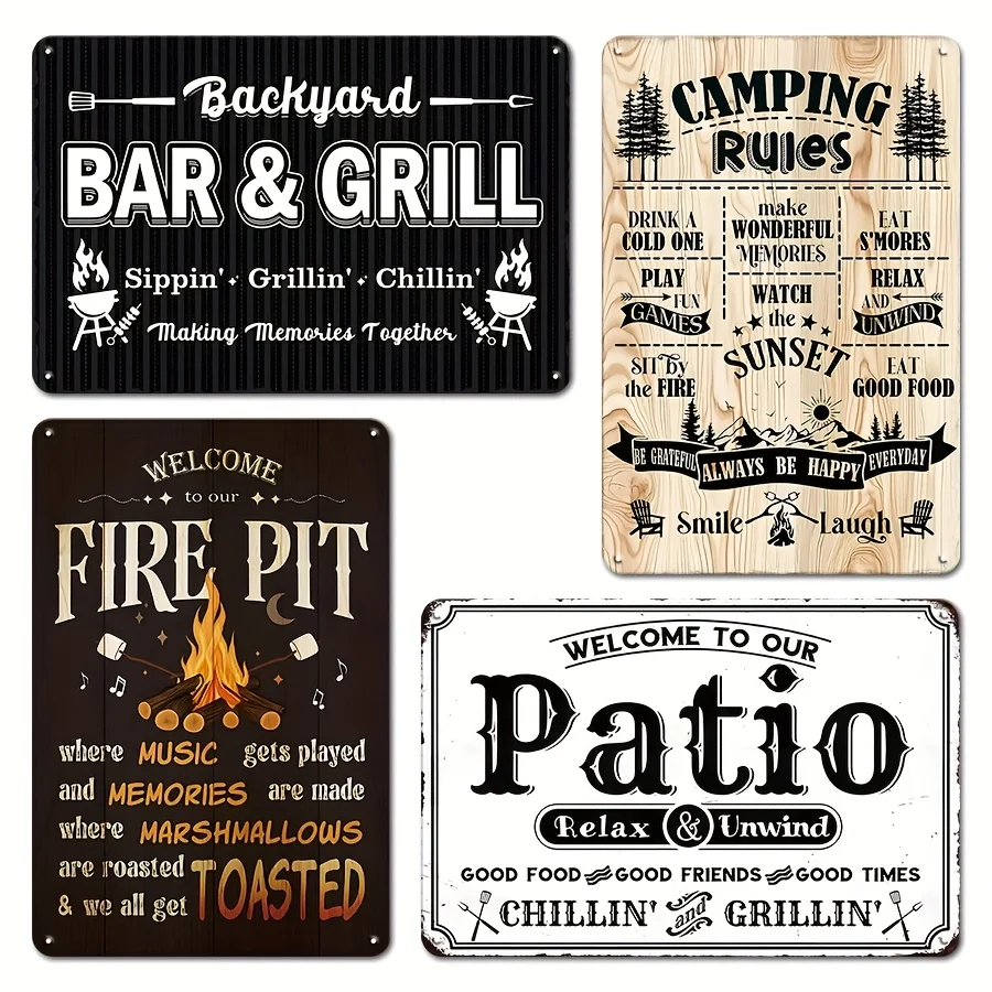Fire Pit Vintage Metal Sign 4pcs Set - Humorous Wall Decor For Campers, Great For Home, Bar, Bedroom, Cafe, Patio, Porch