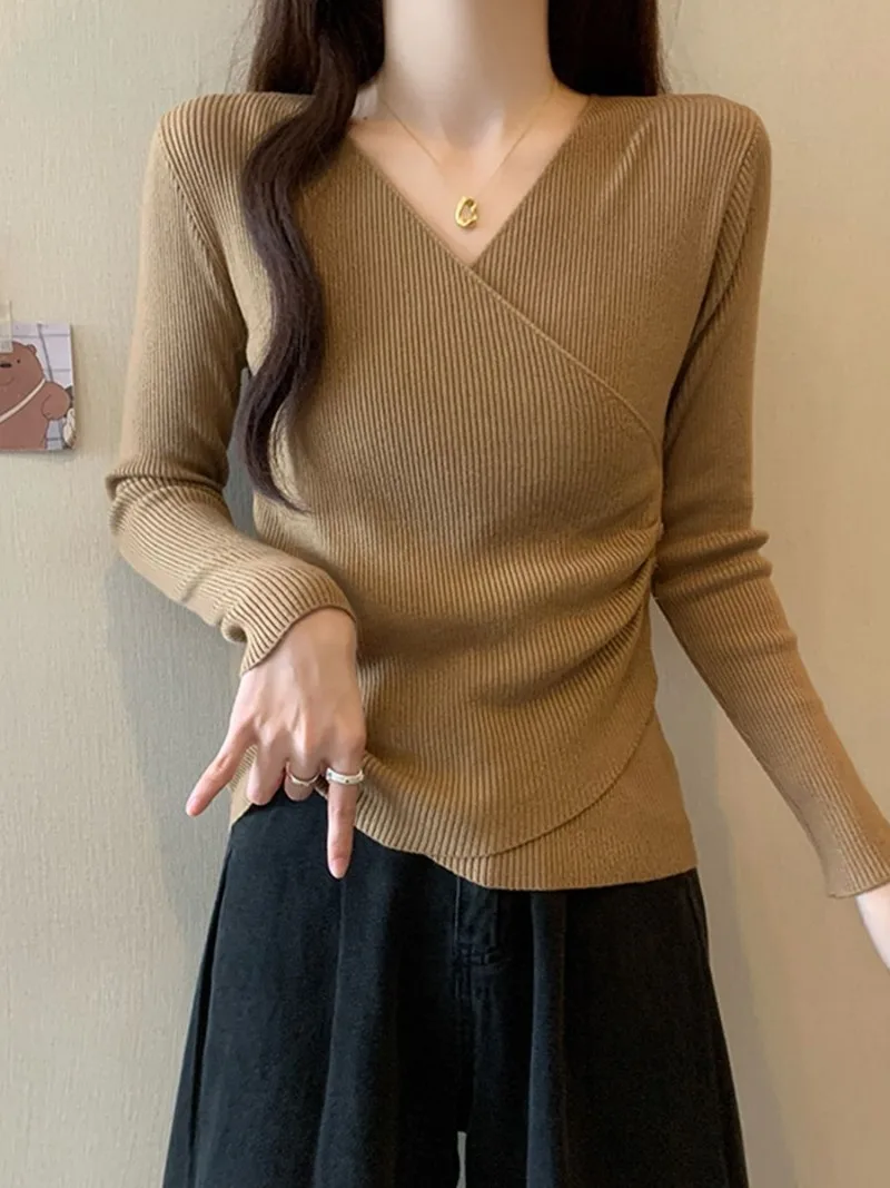 Sweet Hot Girl Irregular Cross V-neck Sweater Women's Autumn and Winter Slim Fit Knitted Pullover Fashion Female Clothes