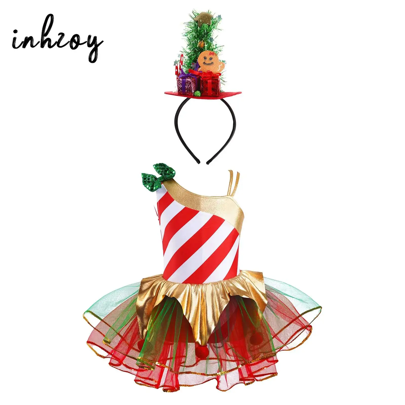 Girls Candy Cane Stripe Christmas Costume Ballet Tutu Dance Dress Figure Skating Gymnastic Leotard New Year Carnival Fancy Dress