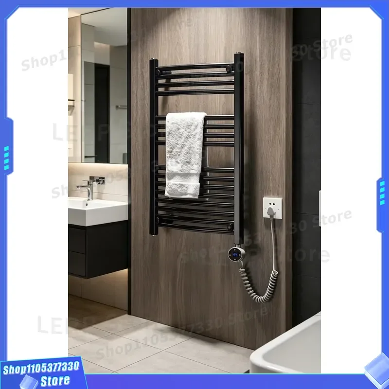 Digital Temperature Control Wall Mounted Electric Towel Rack Curved Heated Bathroom Dryer Quick Drying Storage Shelf for Home