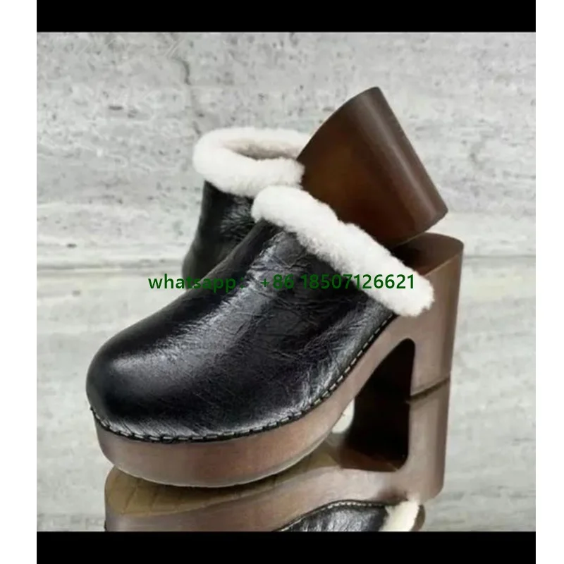 

Round Toe Furry Splicing Thick Heel Slippers Slip-On Large Size Women's High Heels