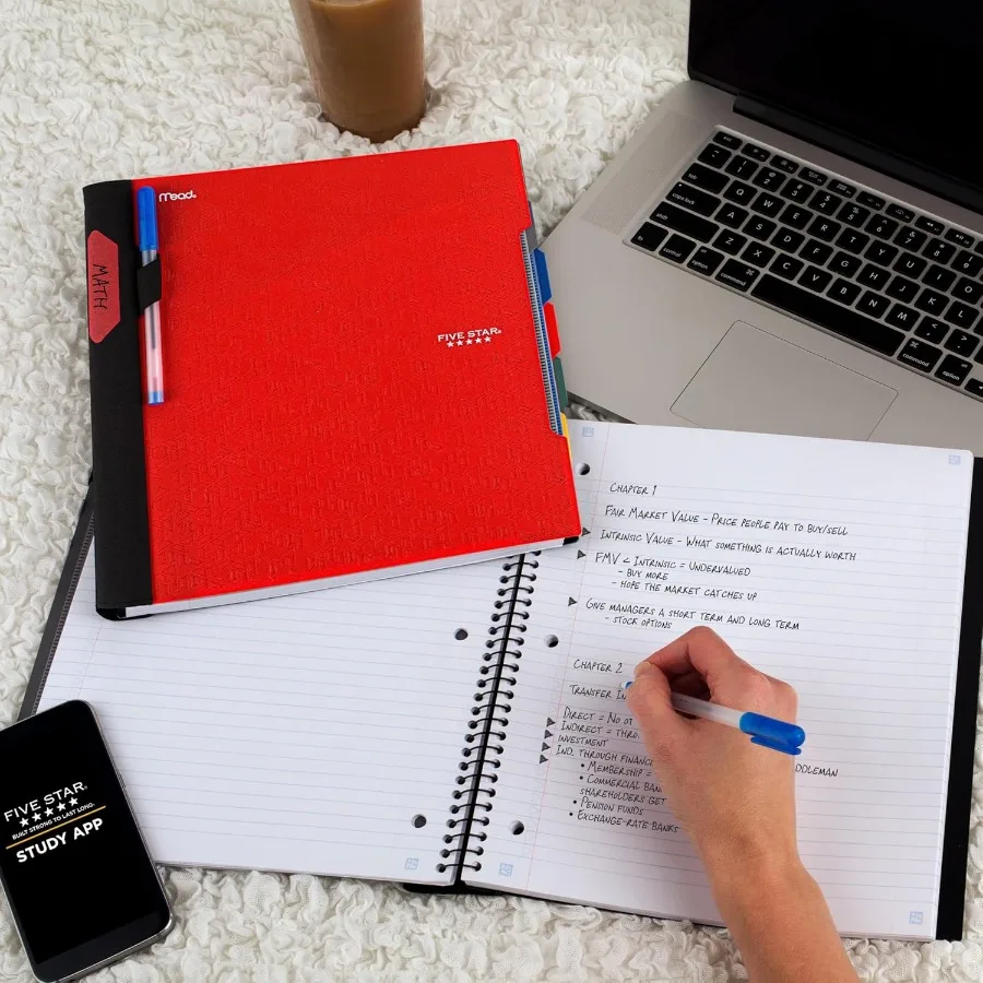 Advance Spiral Notebook + Study App, 5 Subject, College Ruled Paper, 8-1/2" x 11", 200 Sheets, Spiral Guard
