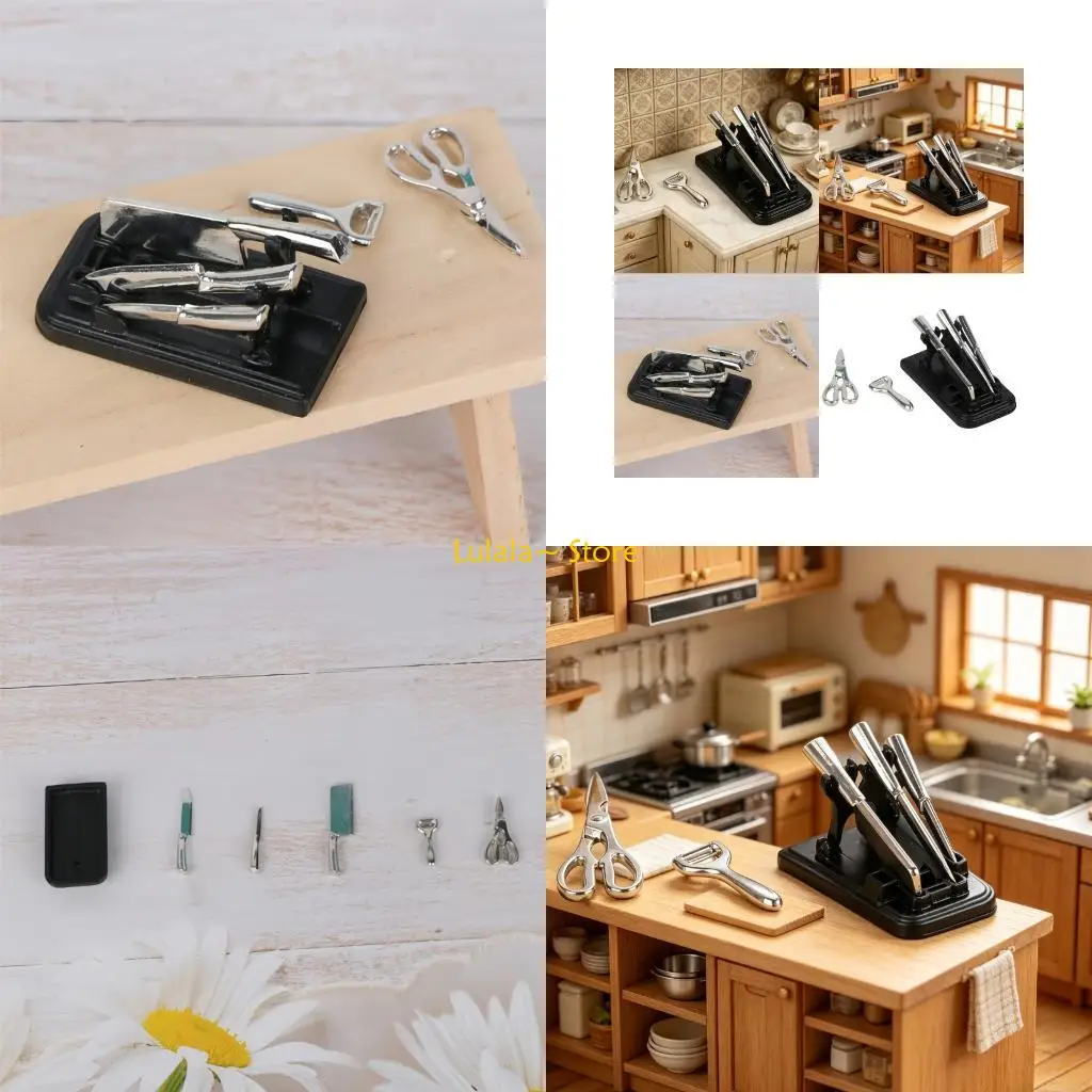 Y4QA Detailed Alloy Miniature Cutter Set and Stand Model Figure Kitchen Scene Props
