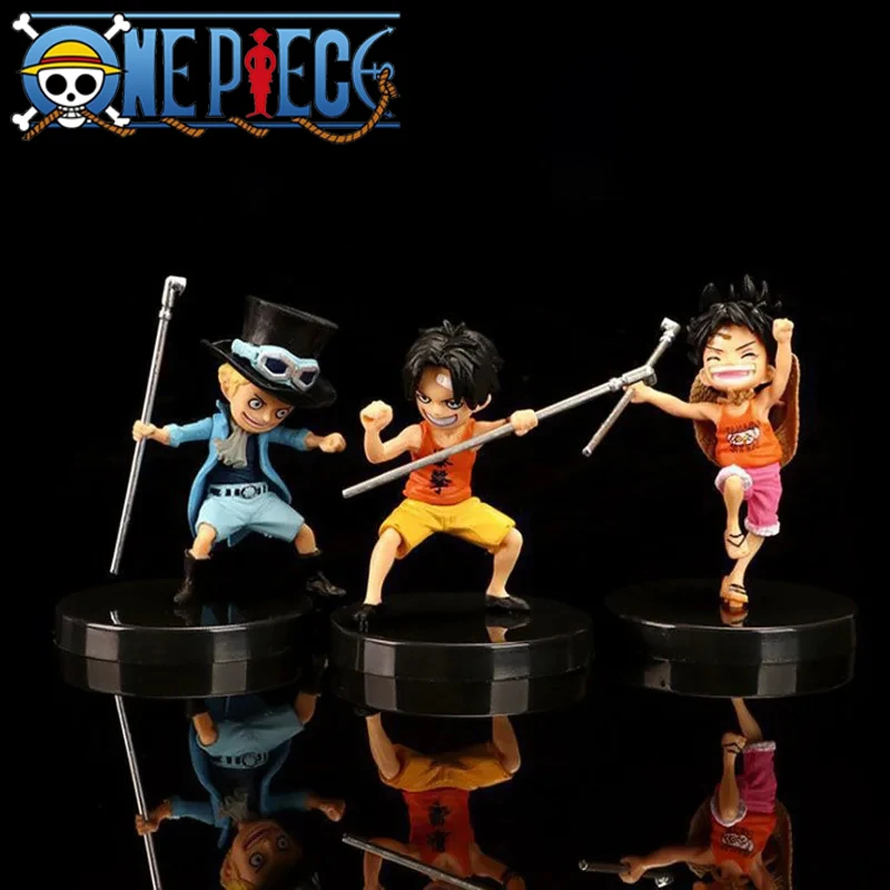 PVC Action Figurine Model Toys, Figura Anime, Luffy, Ás, Sabo com Bastão, Arma, Bonecas de Infância, Presente, 9cm, 3Pcs Set