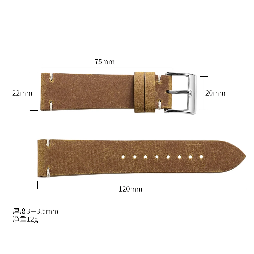 18mm 20mm 21mm 22mm Öl-Wachs-Leder-Uhrenarmband Braun Weiches Vintage-Armband für Herren Handgefertigtes Genähtes Rindslederband für Omega-Uhren – Detail 3