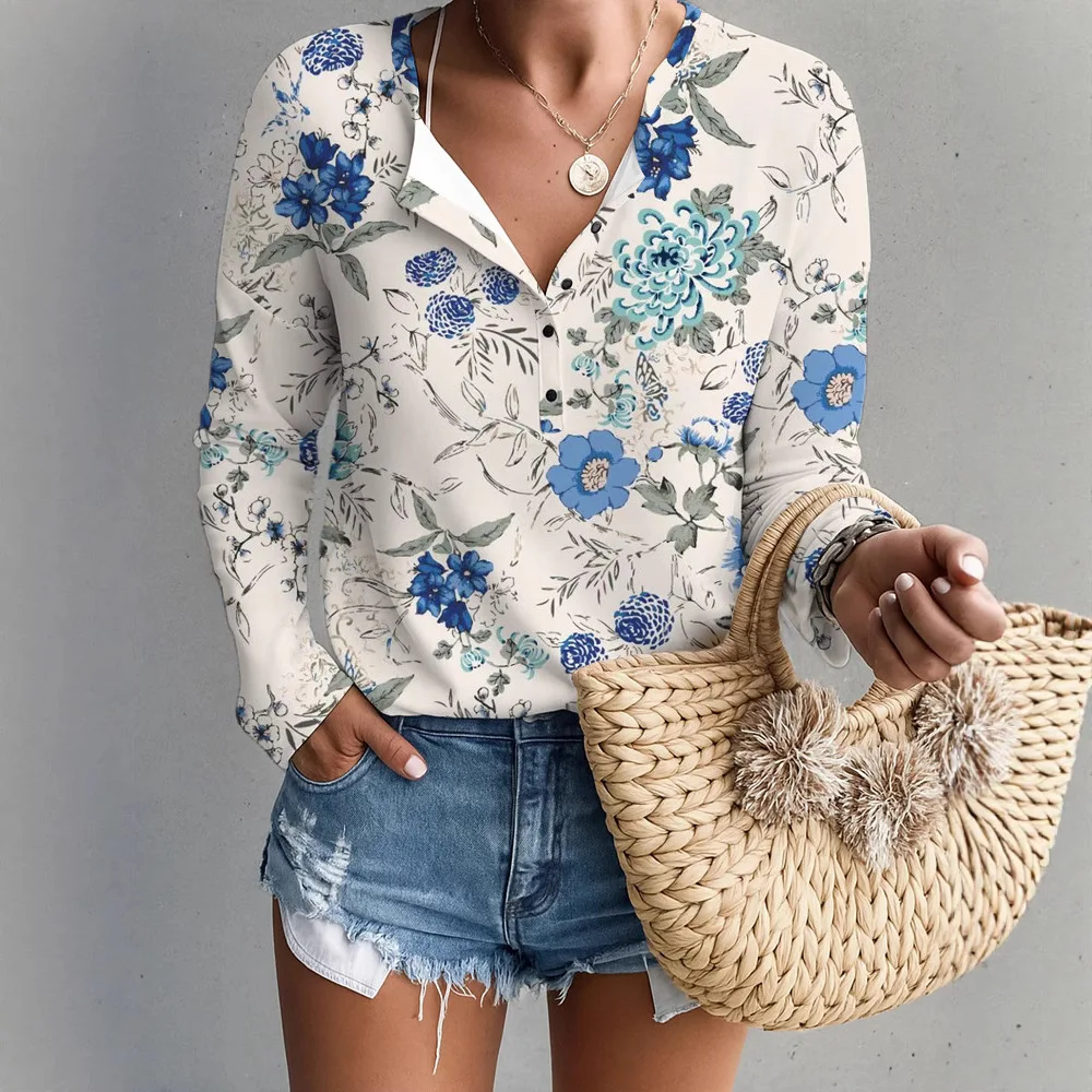 

Elegant Women's Long Sleeve T-shirt 2025 Spring Autumn Vintage Printed Top Door Tube Tees Women