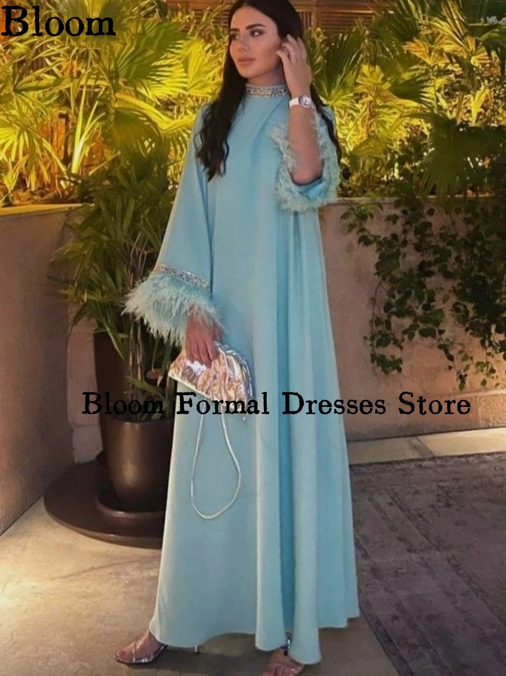 Bloom Flare Sleeves Feathers Prom Dresses High Neck Robe Long Gown Elegant Evening Dresses Formal Wedding Party Dress