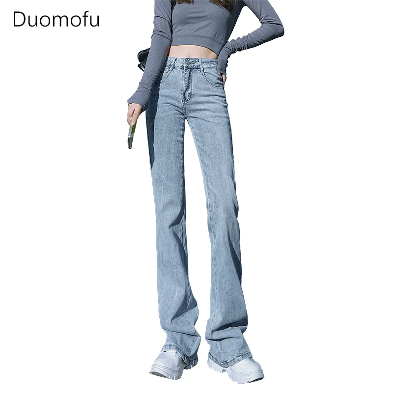 Duomofu Spring Light Blue Classic Full Length Flare Women Jeans Korean Chic Elastic High Waist Slim Fashion Simple Female Jeans