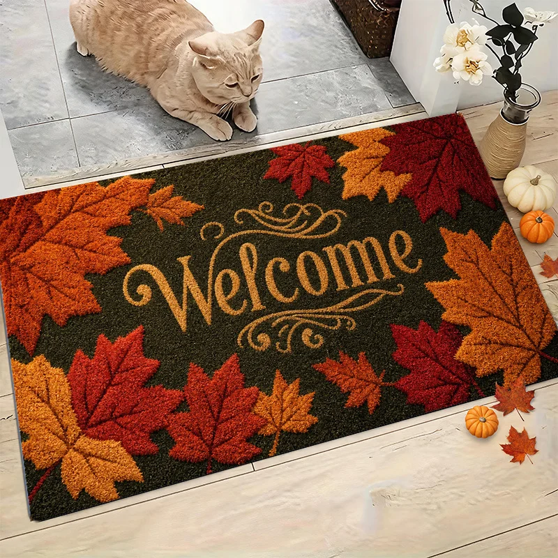 Bold Red Orange Maple Leaf Border Welcome Script Print Washable Durable Door Mat For Autumn Season Front Porch Style