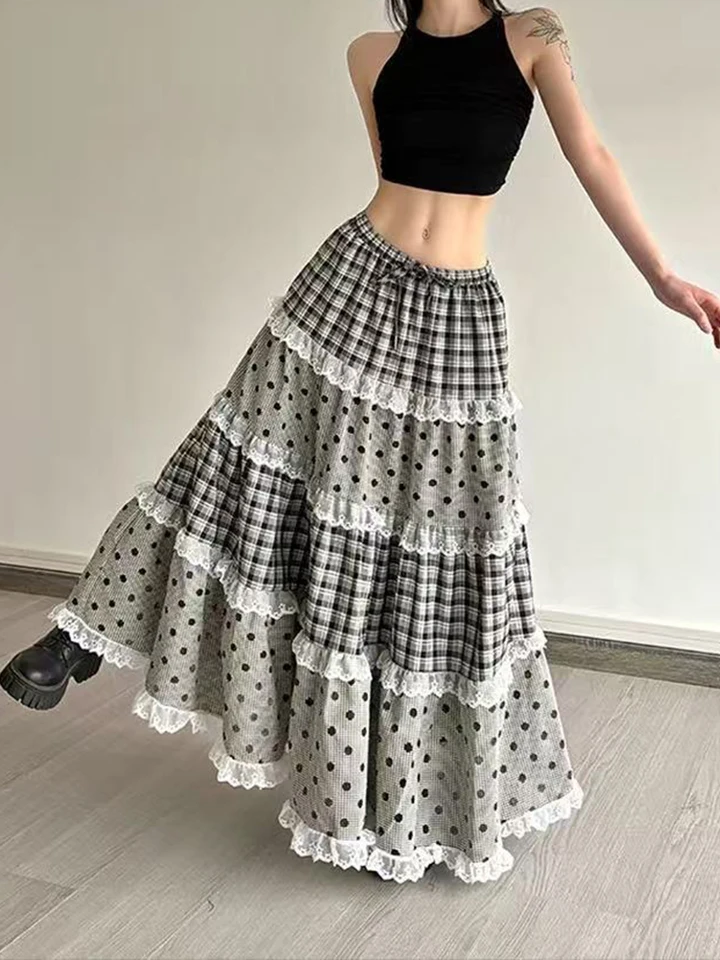 Vintage Patchwork Plaid Midi Skirts Women Y2K Sweet Lolita All