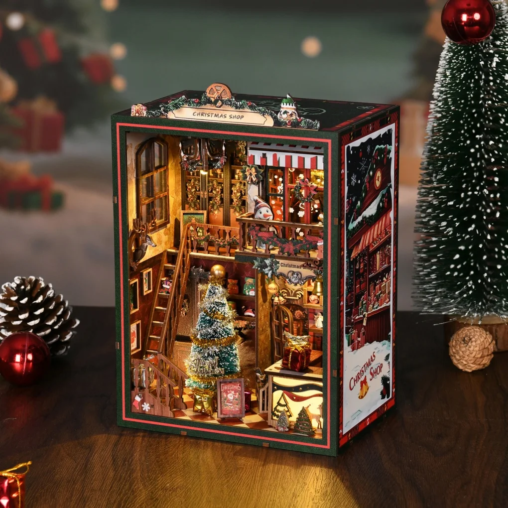 

Wooden Christmas Shop Book Nook Figurines Miniatures Bookend Handmade Bookshelf for Friends Birthday Gifts Home Decor DIY Crafts