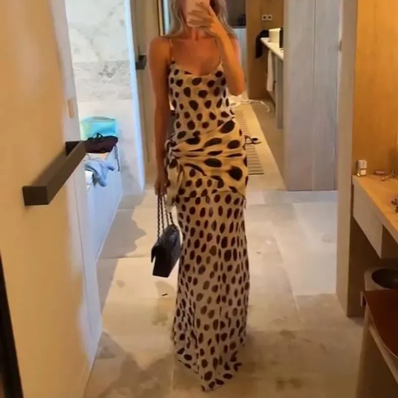 Women Leopard Print Long Dress Spaghetti Strap V Neck Ruched Waist Ruffle Sheath Slip Dress Elegant Club Party Prom Maxi Dresses