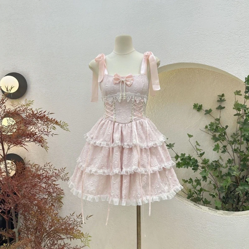 الصيف النمط الياباني Kawaii لوليتا فستان المرأة خمر الحلو مقوس دانتيل الكشكشة كعكة فساتين Harajuku Y2k سليم ضمادة فستان