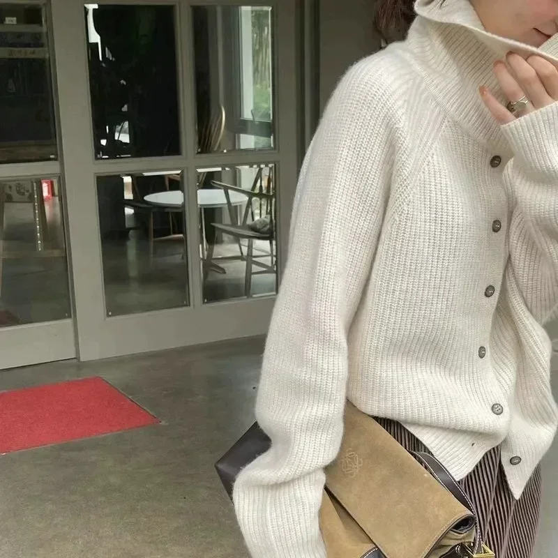 2024 Turtleneck Cardigan Ladies sweater Autumn and winter loose thickened sweater knitted coat tide